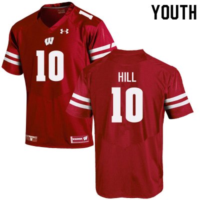 Youth Wisconsin Badgers NCAA #10 Deacon Hill Red Authentic Under Armour Stitched College Football Jersey FZ31J86MF